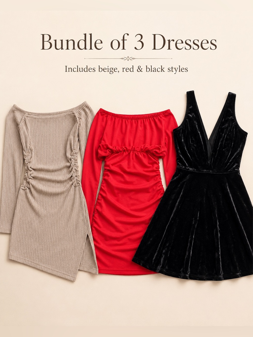 Bundle of 3 Dresses | Beige, Red & Black | Small / Stretchy Fit